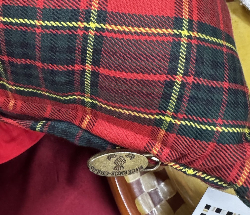 New Mackenzie Childs Red Tartan Retired Bow Pillow Beaded 20” Long