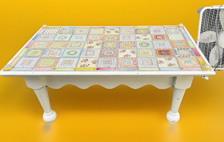 MacKenzie Childs Tile And White Wood Coffee Table Very Good Condition
