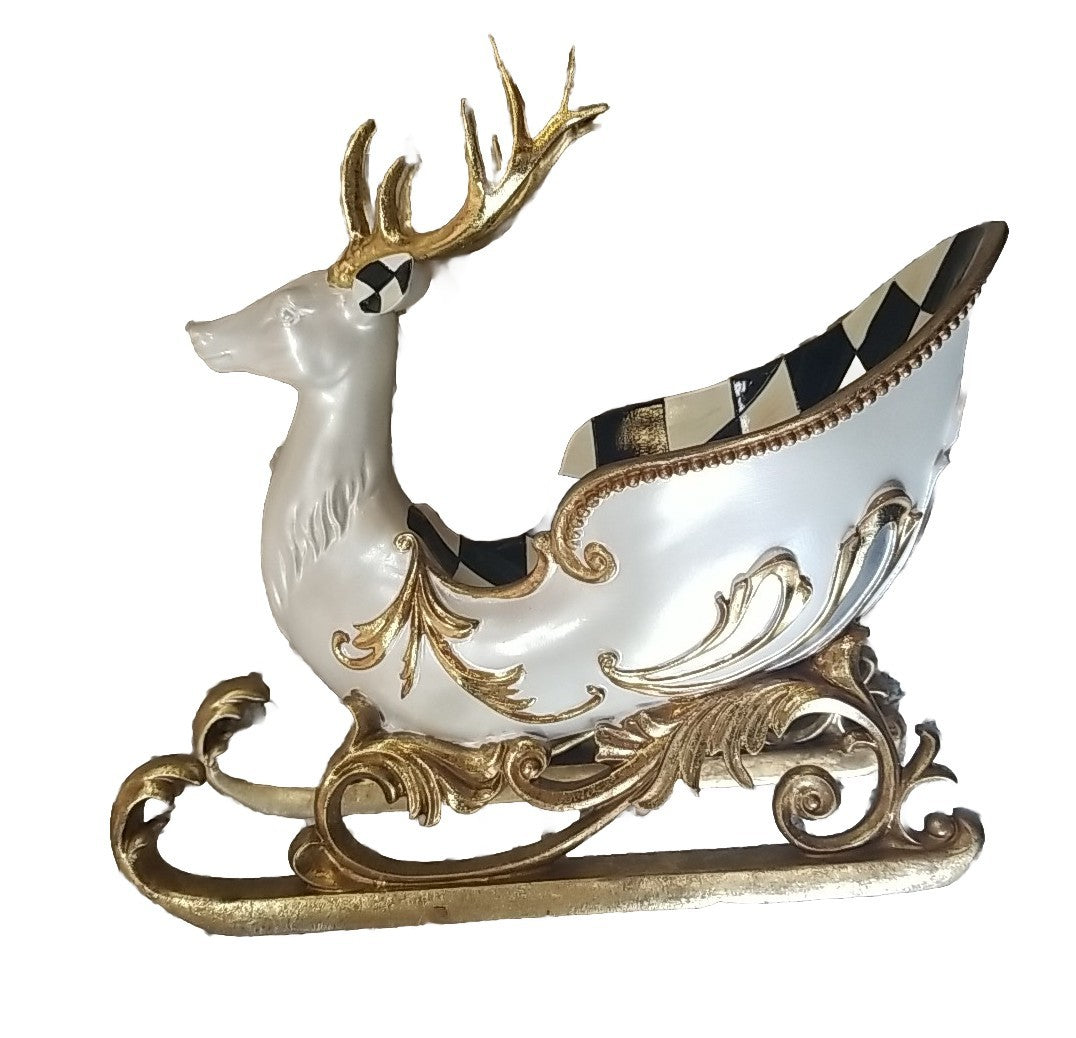 MacKenzie Childs Christmas Glam Up  Sleigh- White And Gold Reindeer