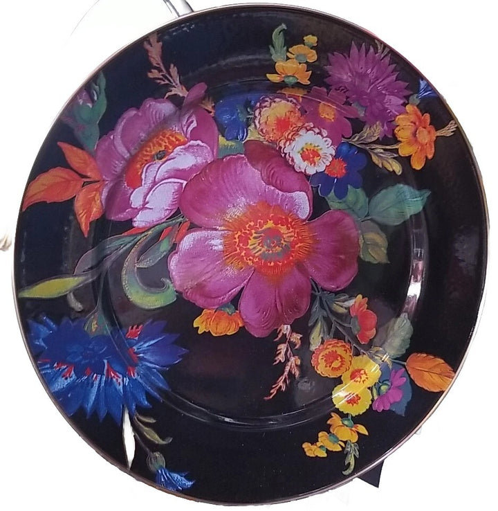 MacKenzie Childs Black  Flower Market Enamel Plate Charger 12 inch Excellent