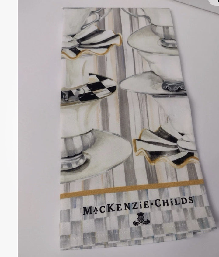 NIB MacKenzie Childs Sterling  Check Cotton Tea Cups Dish Tea Towel