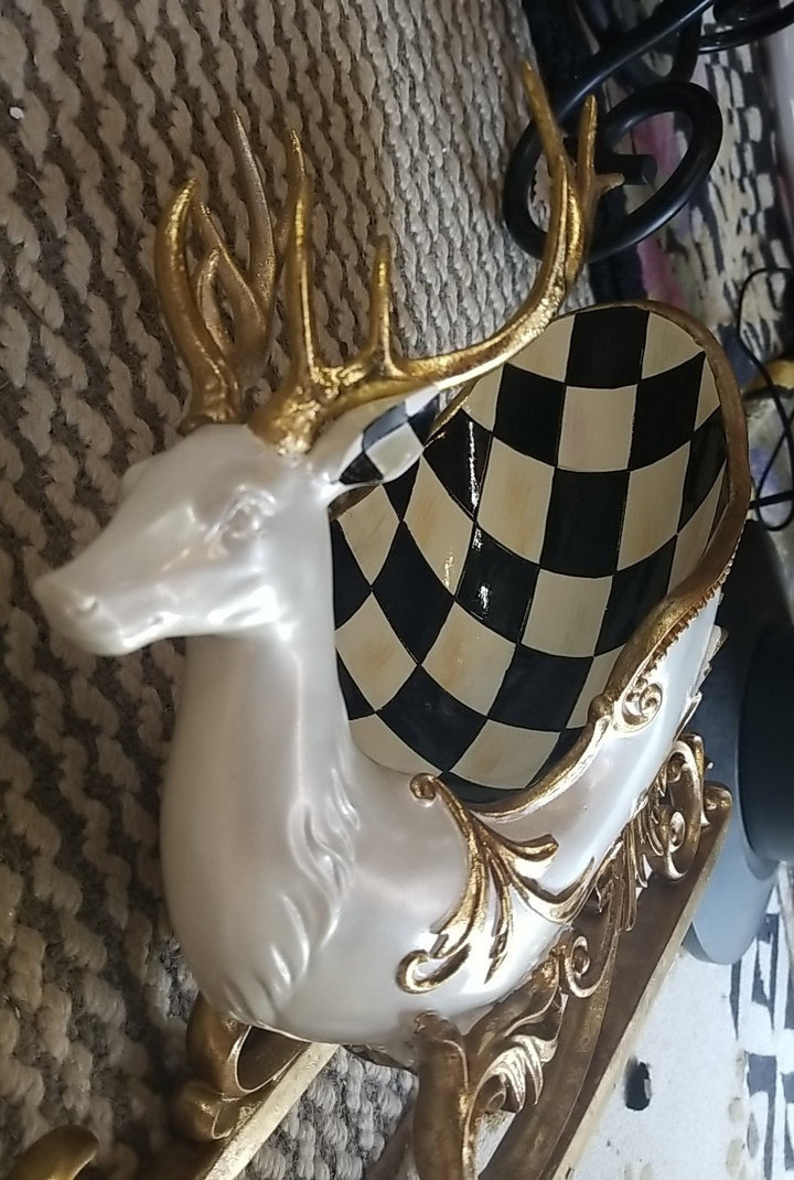 MacKenzie Childs Christmas Glam Up  Sleigh- White And Gold Reindeer