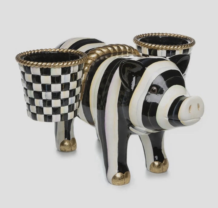 MacKenzie-Childs Courtly Stripe Gold Large Pig Saddleback Planter - New