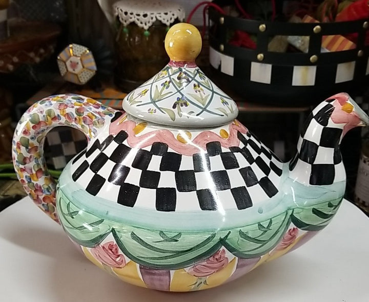 MacKenzie Childs Taylor Odd Fellows Ceramic Tea Pot Kettle 2 qt Retired w/ Lid