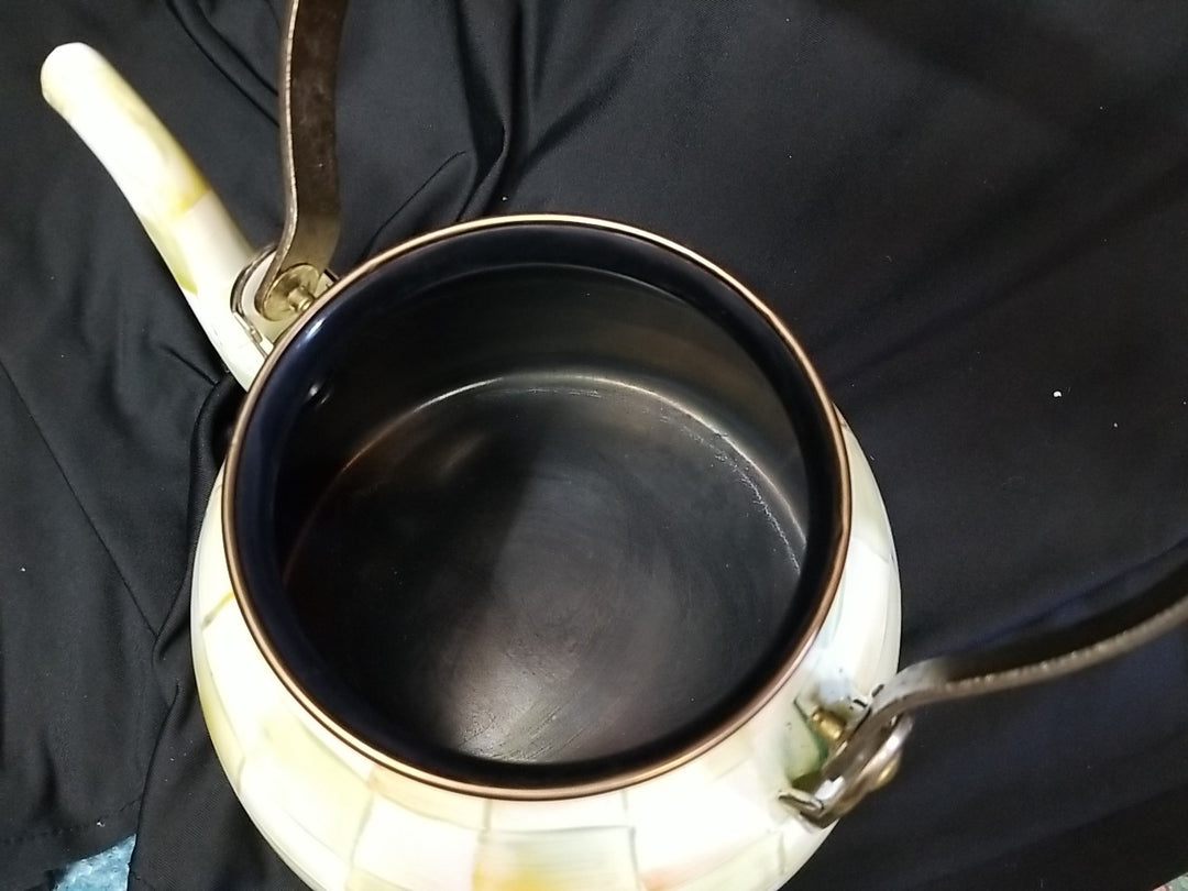 Mackenzie Childs Enamel Parchment Check  2 Quart Tea Pot / Kettle RETIRED