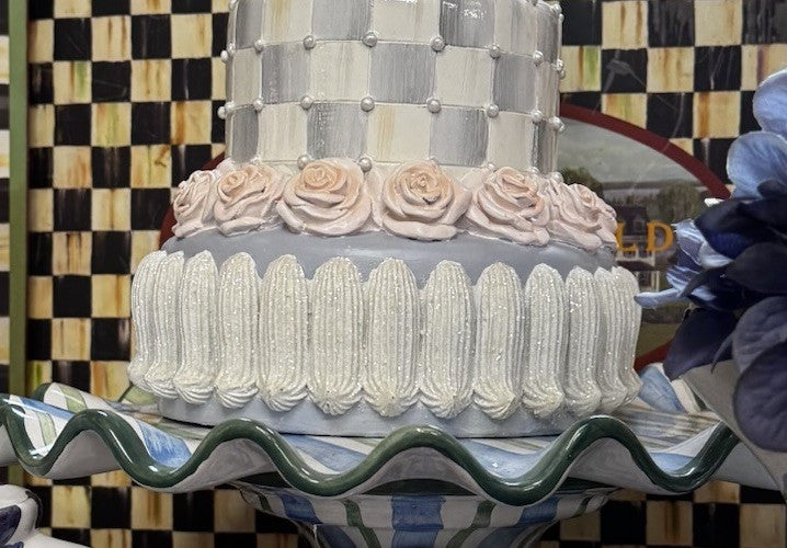 Mackenzie Childs 16.5" Tall Cameo Blue & Green Tiered Cake Courtly Check New