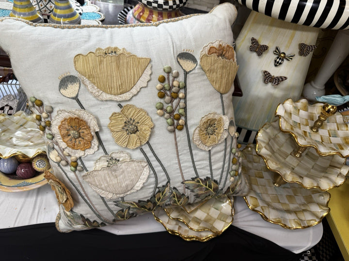MACKENZIE-CHILDS Parchment 18”x18” Linen And Silk  POPPY FIELD PILLOW- Great