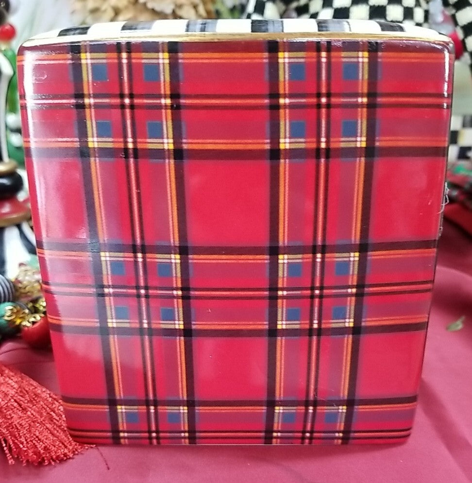 Mackenzie Childs Tartastic Tissue Box Cover Ceramic New