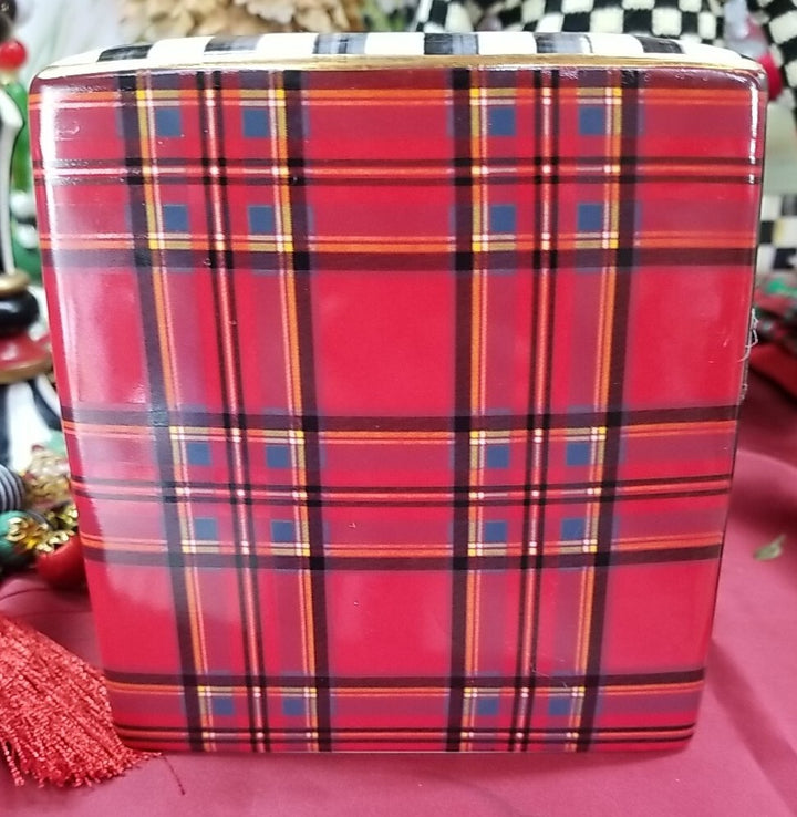 Mackenzie Childs Tartastic Tissue Box Cover Ceramic New