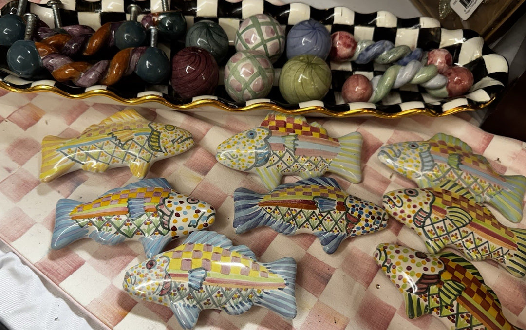 Mackenzie Childs  4” Twist Ceramic Handle Pulls Knobs Purple Orange - Set Of 2