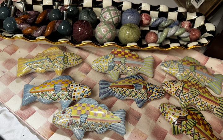 Mackenzie Childs  4” Twist Ceramic Handle Pulls Knobs Purple Orange - Set Of 2