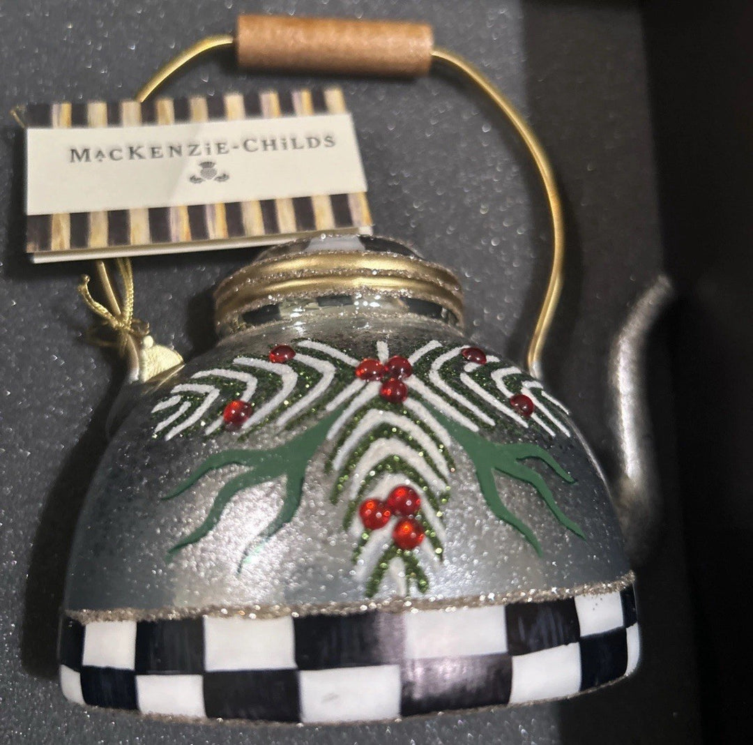 Mackenzie Childs Farmhouse Holiday Tea Kettle Ornament- Retired New In Box