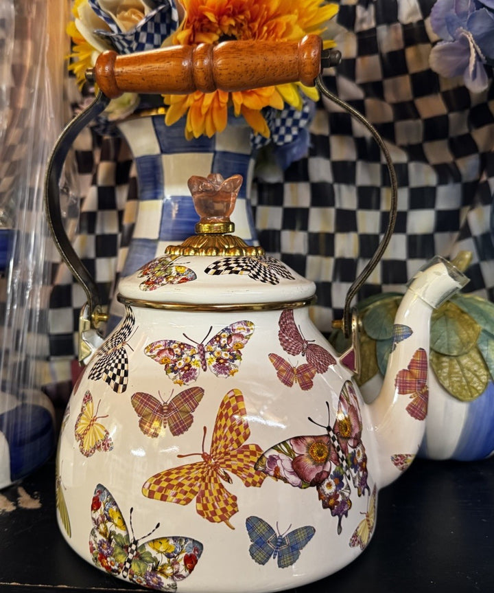 Mackenzie Childs Butterfly Garden  Market Enamel Tea Pot Kettle NEW Retired 2 Qt