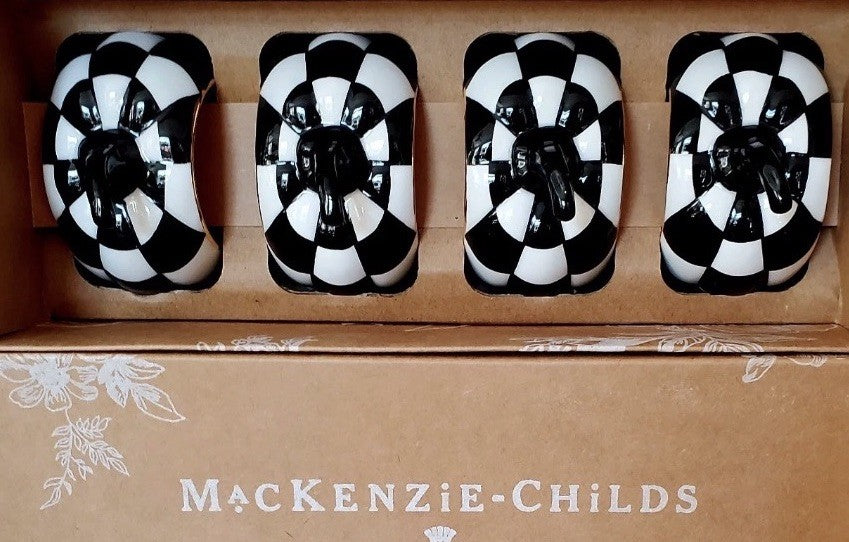 Mackenzie Childs COURTLY CHECK PUMPKIN Napkin Ring Set of 4  Ceramic Nib