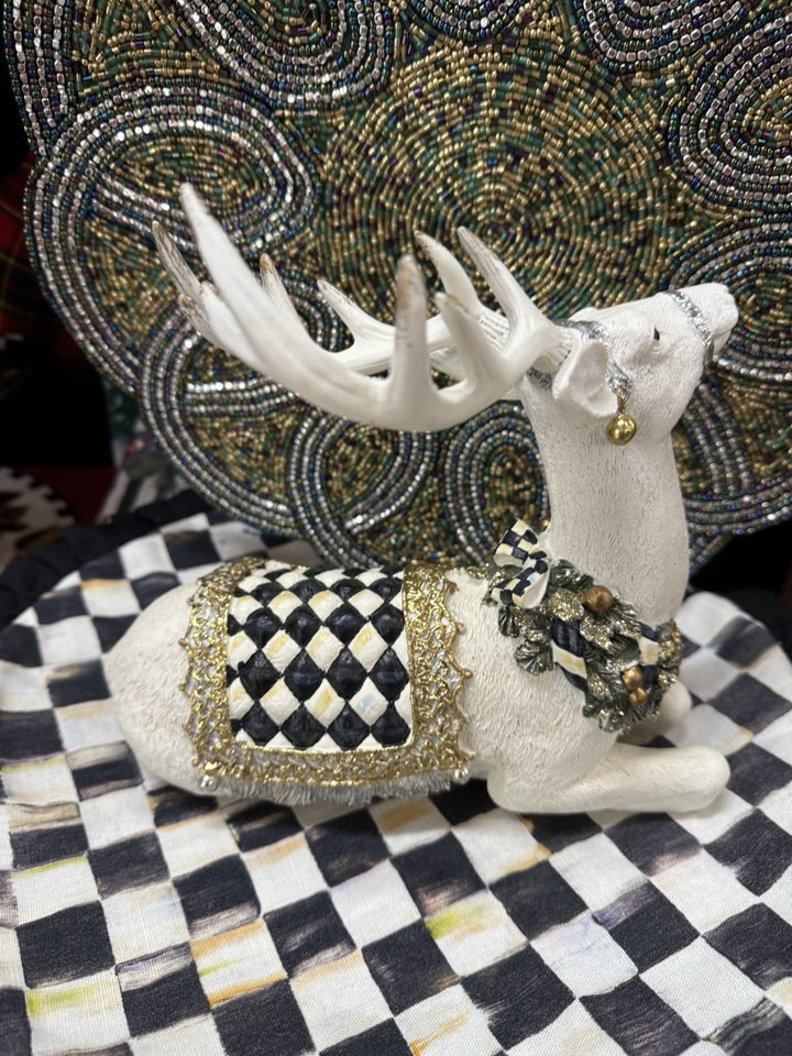 Mackenzie Childs Winter White Bow Tie Resting Deer Courtly Check