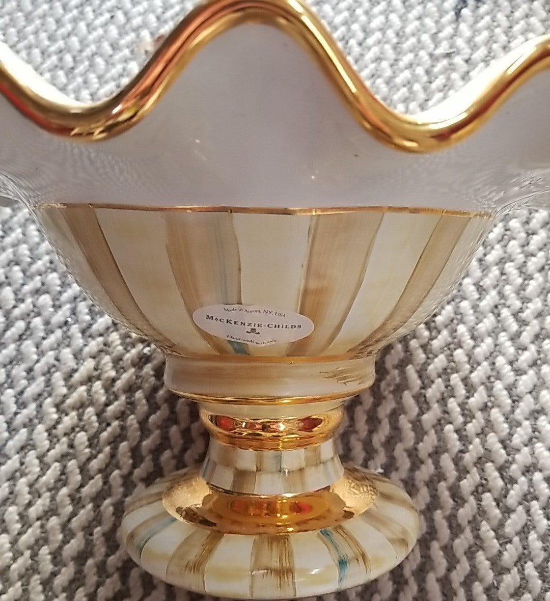 Mackenzie Childs 12” Wide Parchment check Fluted Ceramic Compote Retired