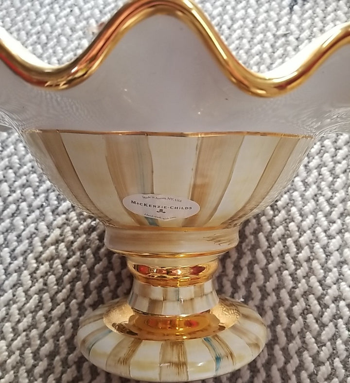 Mackenzie Childs 12” Wide Parchment check Fluted Ceramic Compote Retired