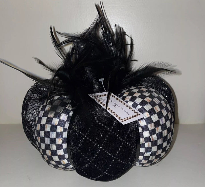 Mackenzie Childs Velvet & Fabric Black Feather Pumpkin Courtly Check New Medium