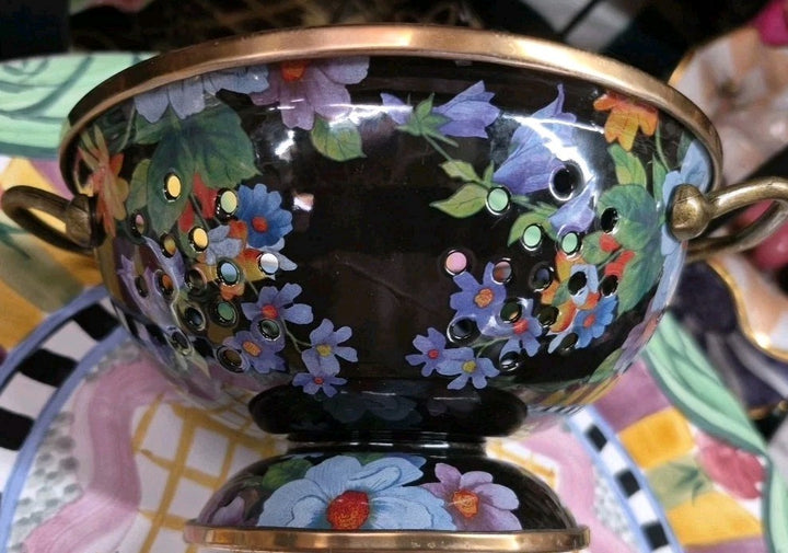 MACKENZIE Childs Black Flower Market  SMALL ENAMEL COLANDER RETIRED