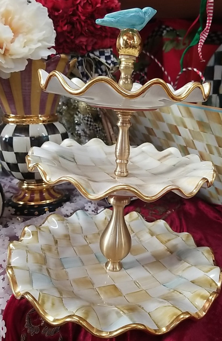 Mackenzie Childs Parchment Check Ceramic Three Tier Sweet Stand With Blue Bird