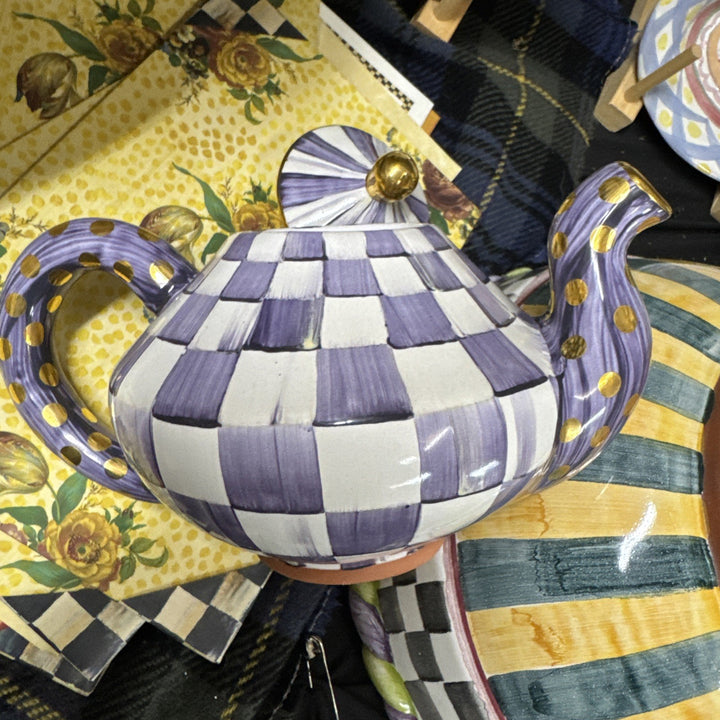 MacKenzie Childs One Small Ceramic Purple Teapot Plum Violet Check Rare Size