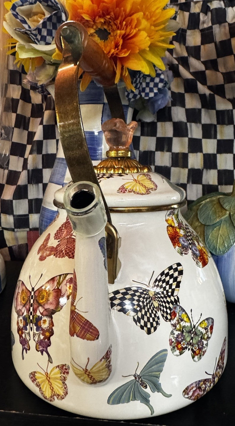 Mackenzie Childs Butterfly Garden  Market Enamel Tea Pot Kettle NEW Retired 2 Qt