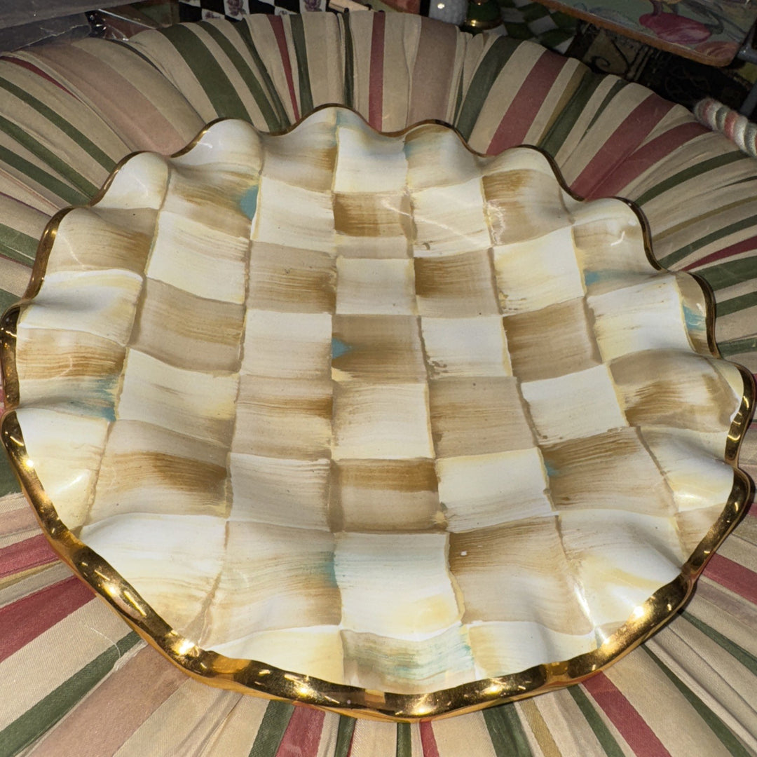 9” Mackenzie Childs   PARCHMENT CHECK CERAMIC FLUTED Gold Trim DESSERT PLATE- 1