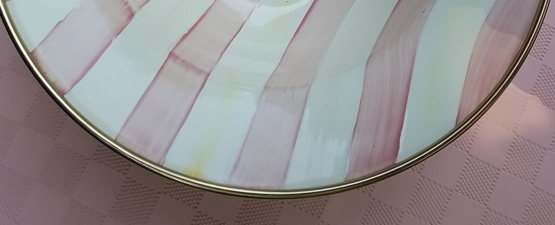 MacKenzie Childs Pink Stripe Bathing Hut   Breakfast Bowl, 8” -enamel