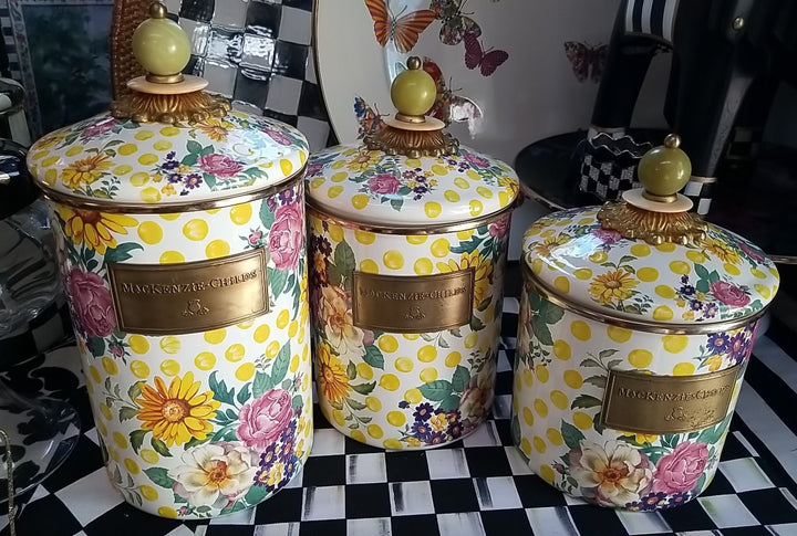 MacKenzie Childs Buttercup Canisters Set of 3, Retired Pattern, Lidded. S M L