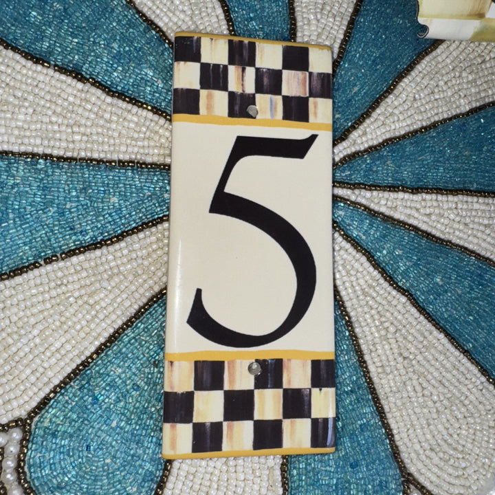 MACKENZIE CHILDS  HOUSE NUMBER 5 COURTLY CHECK TILE NEW 7" X 3"