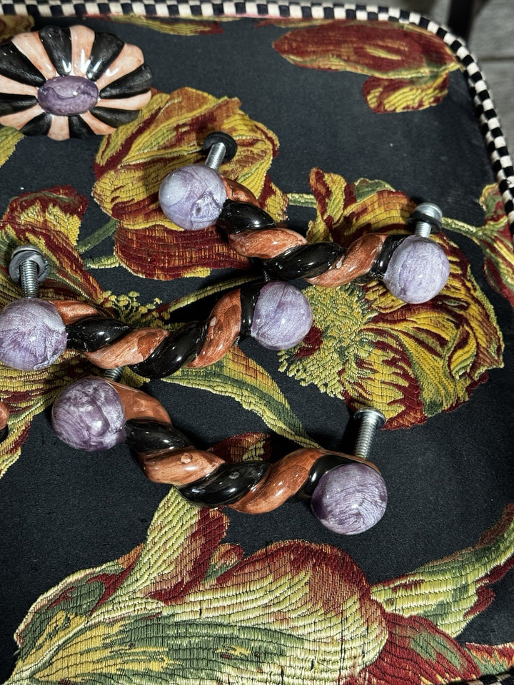 Mackenzie Childs  4” Twist Ceramic Handle Pull Knob Purple Brown Black