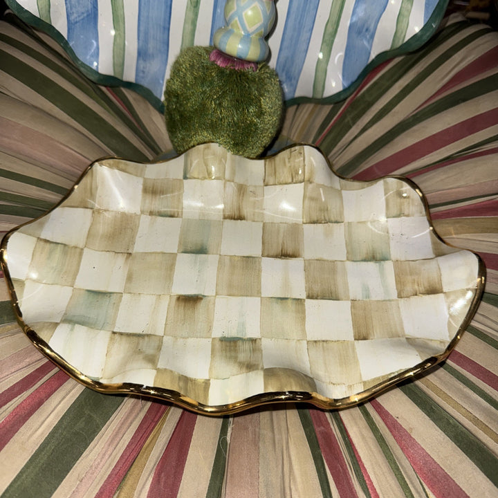 Mackenzie Childs Ceramic Parchment Check Fluted Oval Platter 6” X 9”