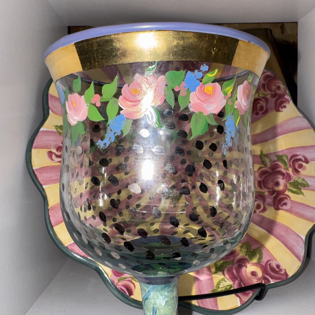 MacKenzie Childs Vintage  Circus Rose Dots Water Goblet Glass  Cheltenham Stem