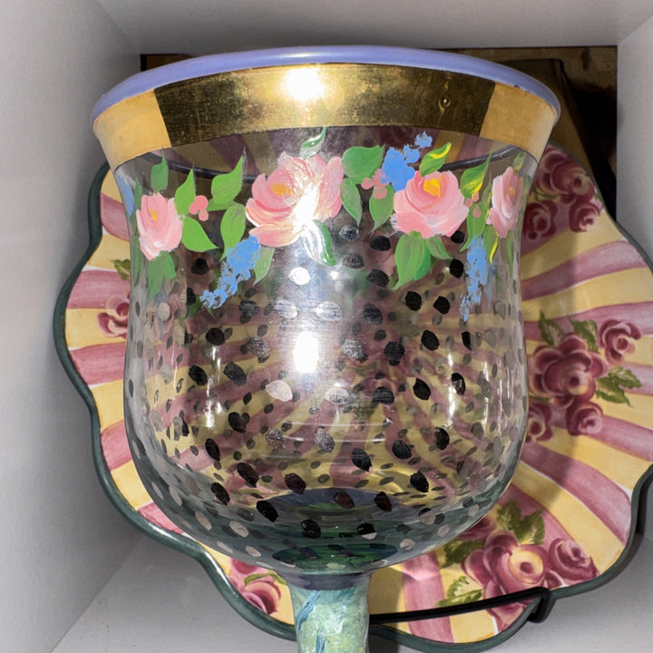 MacKenzie Childs Vintage  Circus Rose Dots Water Goblet Glass  Cheltenham Stem