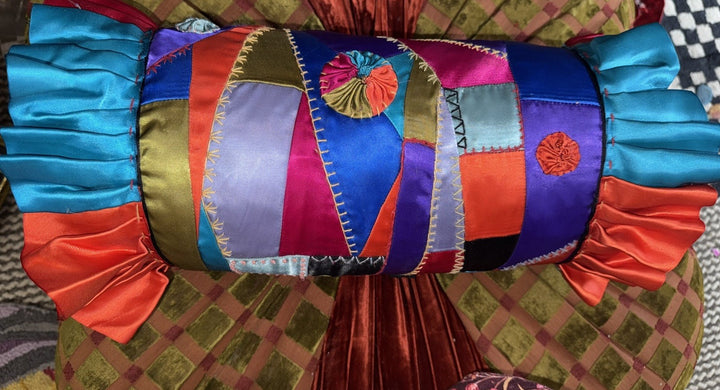 Mackenzie Childs Crazy Quilt Bolster Pillow Ruffles & Ribbons - Excellent