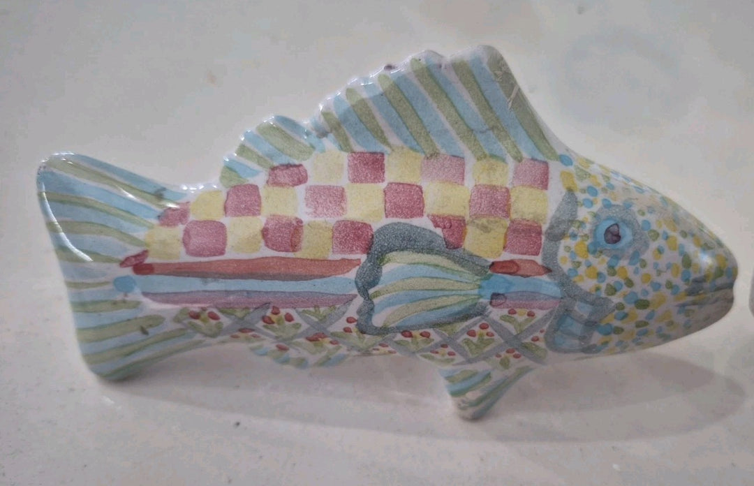 Set 2 Vintage MacKenzie-Childs Pottery Fish Cabinet Knobs / Drawer Pulls Teal