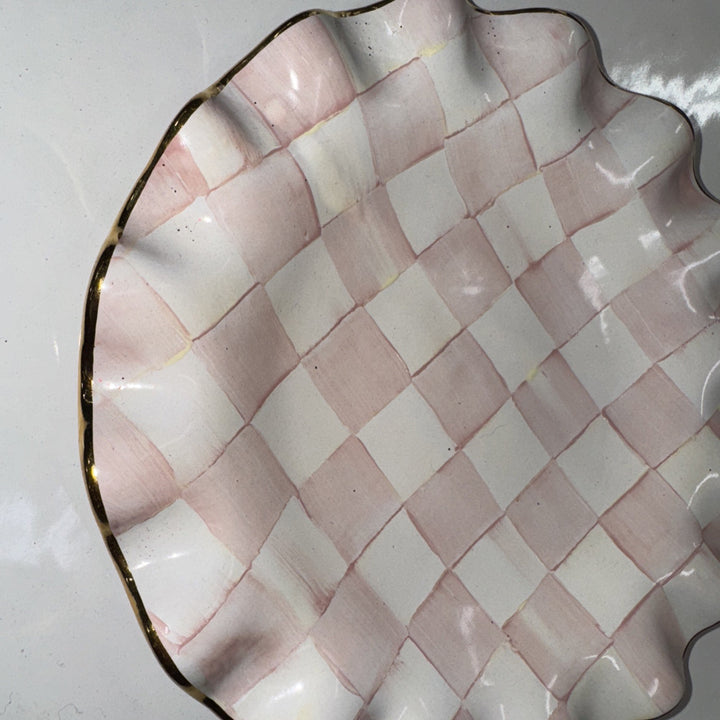 9” Mackenzie Childs Fluted Rosy CheckPink Salad Ceramic  With Gold