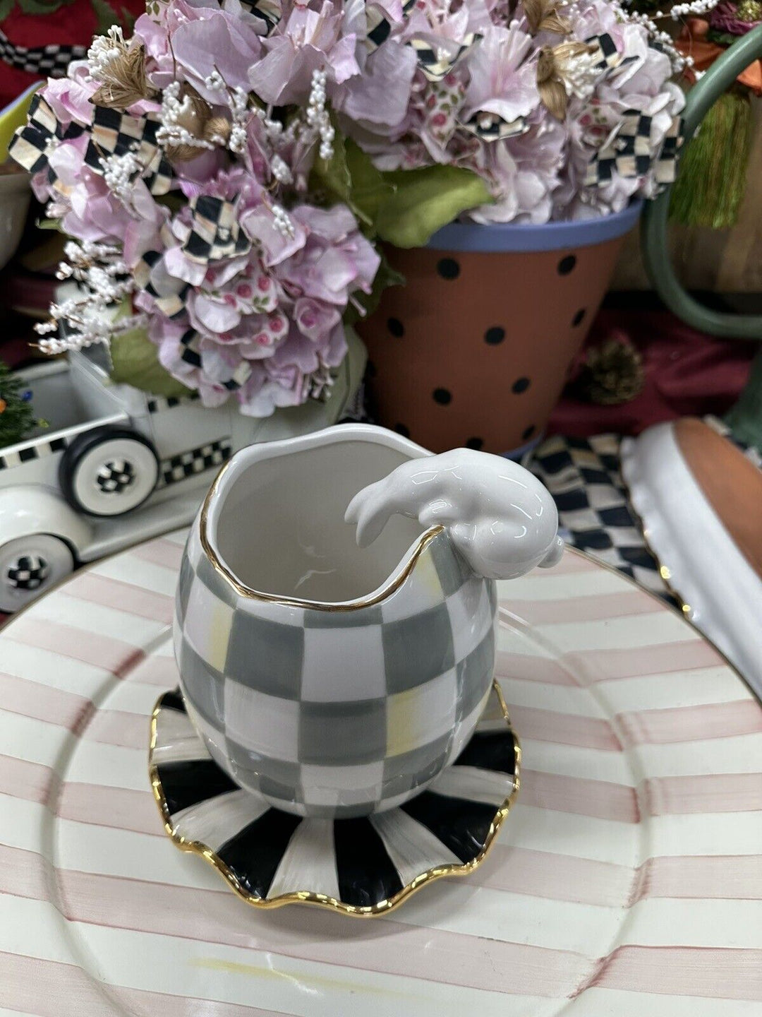 Mackenzie Childs, Sterling CHECK Rabbit Looking Into Egg 9” Tall