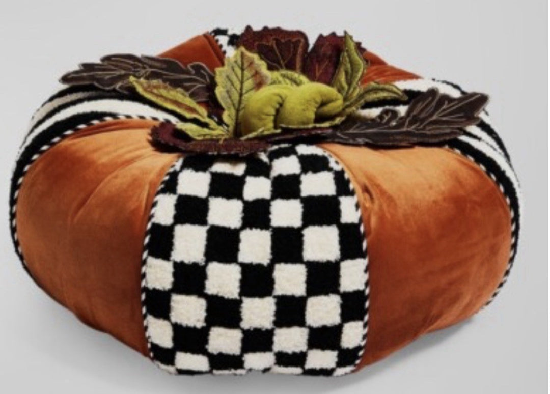 Mackenzie Childs Harvest  Check And Stripe Round Pumpkin Pillow- New In Bag