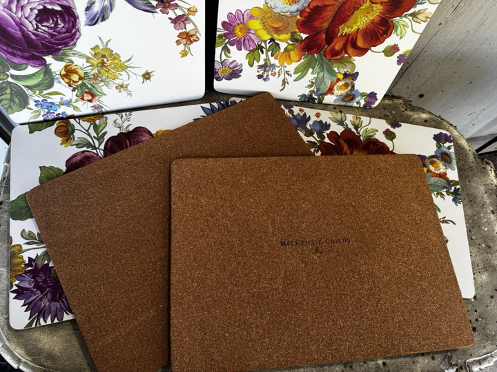 Set 4 Mackenzie Childs White Flower Market Placemats Cork Backed Set Excellent
