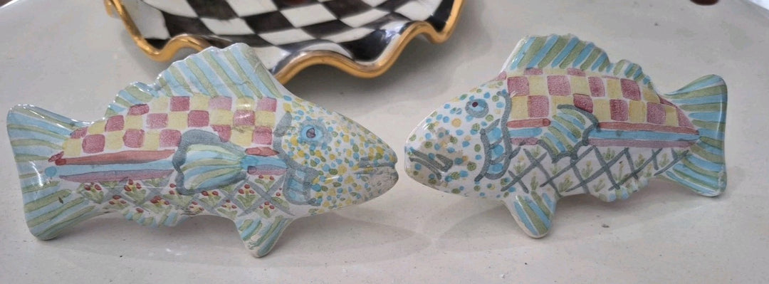 Set 2 Vintage MacKenzie-Childs Pottery Fish Cabinet Knobs / Drawer Pulls Teal