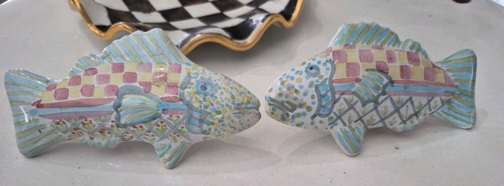 Set 2 Vintage MacKenzie-Childs Pottery Fish Cabinet Knobs / Drawer Pulls Teal