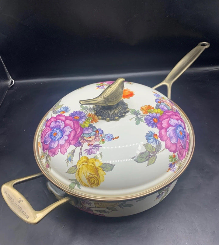 MACKENZIE CHILDS  WHITE FLOWER MARKET 3 Quart Sautée PAN- With Bird Finial New