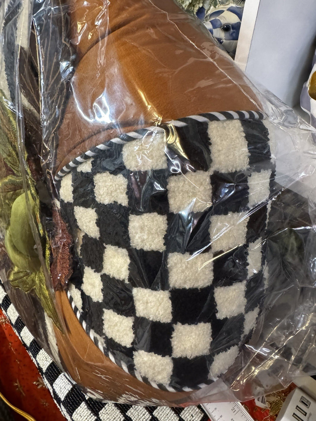 Mackenzie Childs Harvest  Check And Stripe Round Pumpkin Pillow- New In Bag