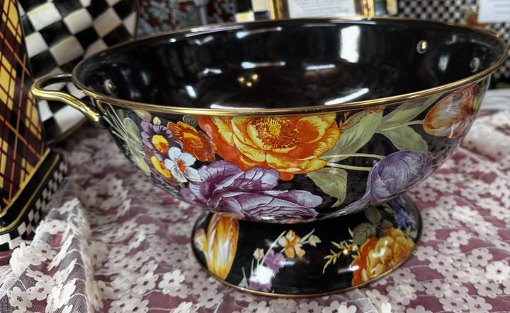 Mackenzie Childs Black Flower Market Everything Bowl  Floral Enamel 13"D