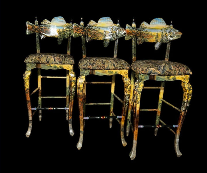MacKenzie-Childs FOREST Fish   BARSTOOL With Fish BACK  RARE- Hand Painted