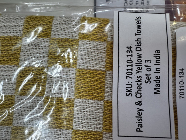MacKenzie Childs Paisley & checks yellow set of 3 cotton dish towels NEW w/tags!