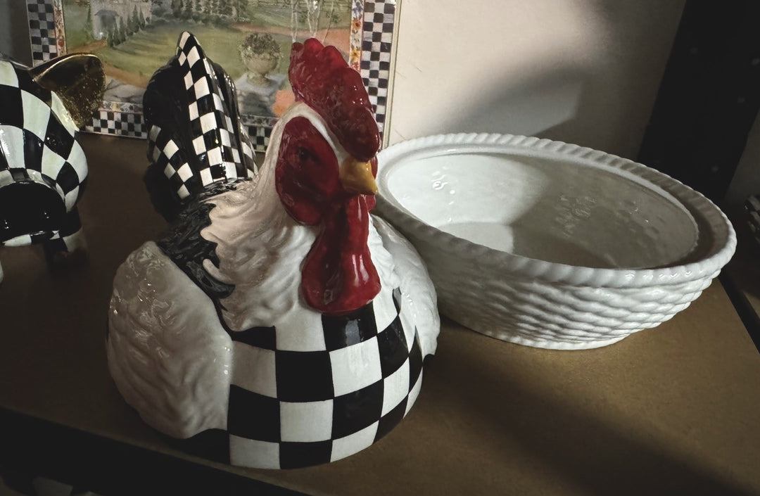 MacKenzie Childs Chicken in a Basket Casserole  Dolomite Ceramic Retired -NIB