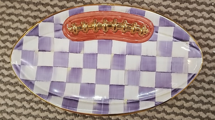 MacKenzie Childs Retired Plum Check Football 14”  Platter  Gold Trim NEW