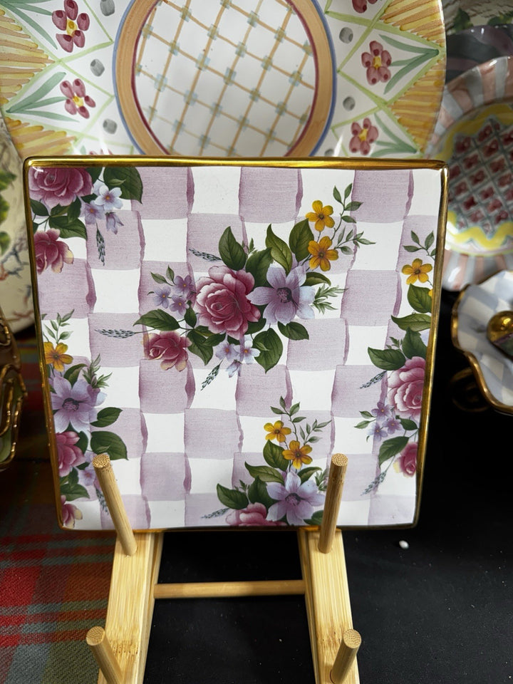 Mackenzie Childs 8" x 8 Honeymoon Rose Petal Pink Cork Back Trivet Excellent